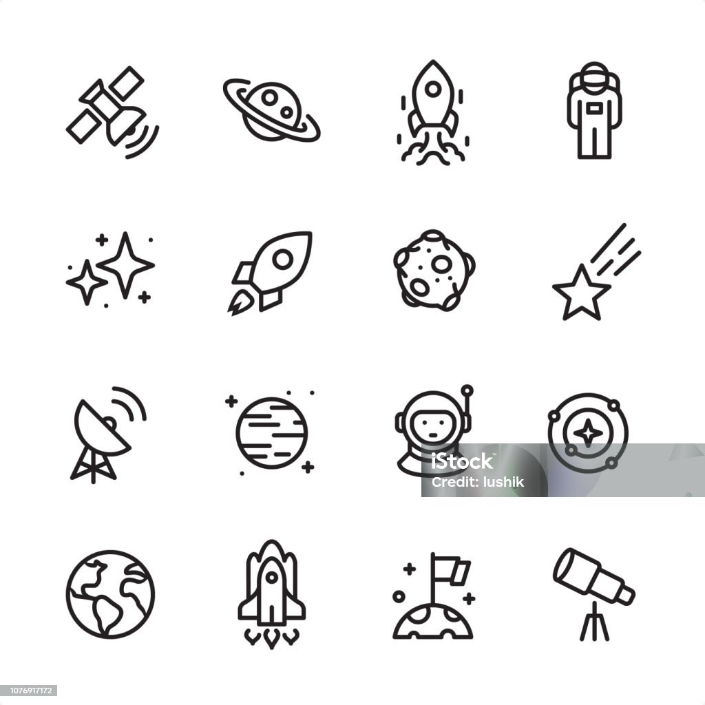 Space - outline icon set 16 line black on white icons / Set #69
Pixel Perfect Principle - all the icons are designed in 48x48pх square, outline stroke 2px.

First row of outline icons contains: 
Satellite, Saturn, Ship Launch, Astronaut;

Second row contains: 
Starry sky, Rocket, Asteroid, Meteor;

Third row contains: 
Radio Telescope, Planet - Space, Cosmonaut, Solar System; 

Fourth row contains: 
Planet Earth, Space Shuttle, Landing on Mars, Telescope.

Complete Inlinico collection - https://www.istockphoto.com/collaboration/boards/2MS6Qck-_UuiVTh288h3fQ Icon stock vector