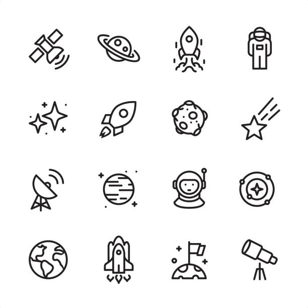 Space - outline icon set 16 line black on white icons / Set #69
Pixel Perfect Principle - all the icons are designed in 48x48pх square, outline stroke 2px.

First row of outline icons contains: 
Satellite, Saturn, Ship Launch, Astronaut;

Second row contains: 
Starry sky, Rocket, Asteroid, Meteor;

Third row contains: 
Radio Telescope, Planet - Space, Cosmonaut, Solar System; 

Fourth row contains: 
Planet Earth, Space Shuttle, Landing on Mars, Telescope.

Complete Inlinico collection - https://www.istockphoto.com/collaboration/boards/2MS6Qck-_UuiVTh288h3fQ rocketship illustrations stock illustrations