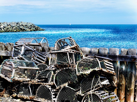 Abandoned lobsters cages on the sea shores in Gaspésie