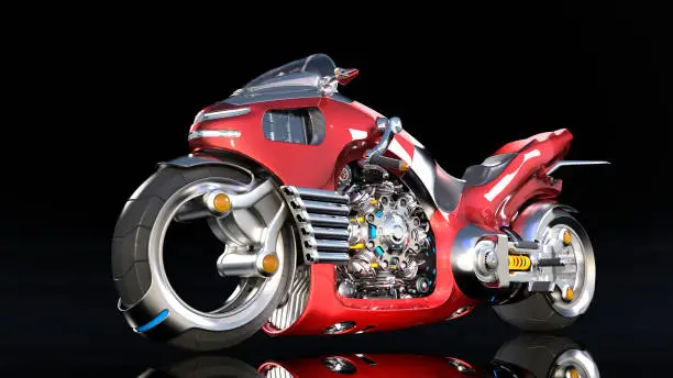 Superbike with chrome engine, red futuristic motorcycle isolated on black background, 3D rendering