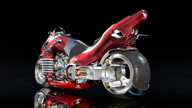 Superbike with chrome engine, red futuristic motorcycle isolated on black background, rear view, 3D rendering