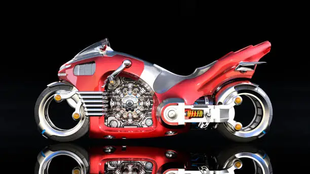 Superbike with chrome engine, red futuristic motorcycle isolated on black background, side view, 3D rendering