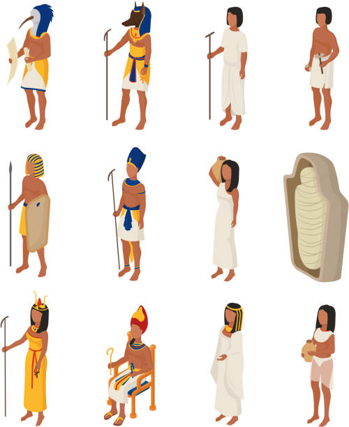 illustrazioni stock, clip art, cartoni animati e icone di tendenza di vettore egiziano antico egitto popolo carattere faraone horus dio - cleopatra pharaoh ancient egyptian culture women