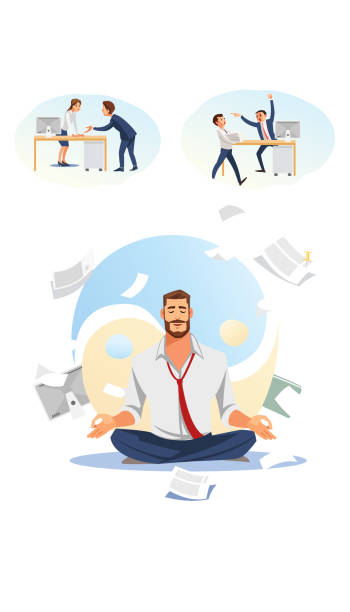 ilustrações, clipart, desenhos animados e ícones de empresário, praticando yoga no trabalho plana vector - yin yang symbol relaxation isolated emotional stress