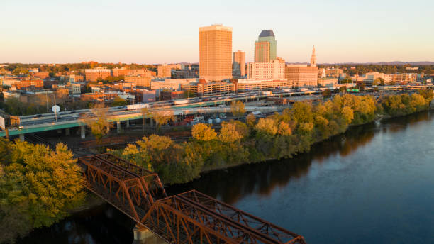 Springfield Massachusetts Late Afternon Rush Hour Traffic Aerial Riverfront View stock photo