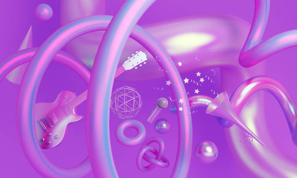 istock Pink purple trumpet horn, guitar, microphone, sphere, abstract geometric. 1076964358