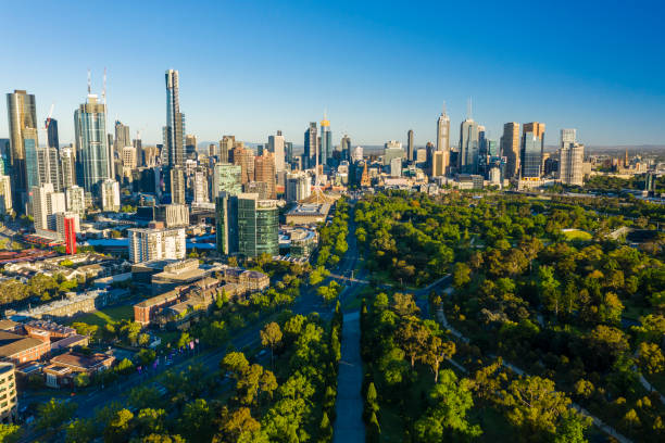 Melbourne, Australia - Dec 1, 2018: Aerial video of Melbourne CBD at sunrise