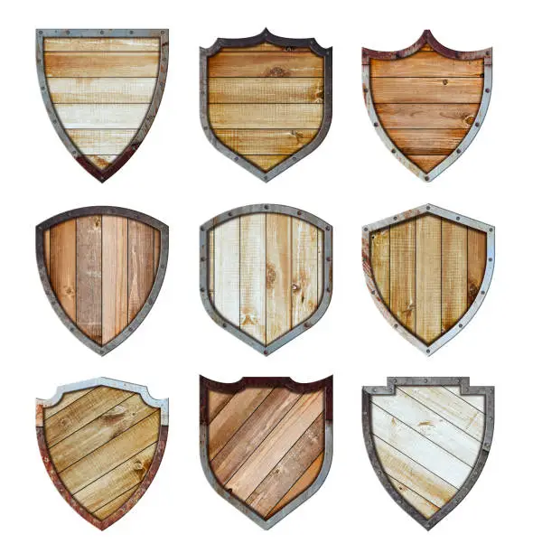 Photo of Wooden and metal shield protected steel icons sign set isolated on white background, With objects clipping path for design work
