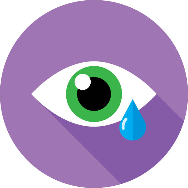 Teardrop Icon Flat Vector illustration of a eye with a teardrop against a purple background in flat style. teardrop stock illustrations