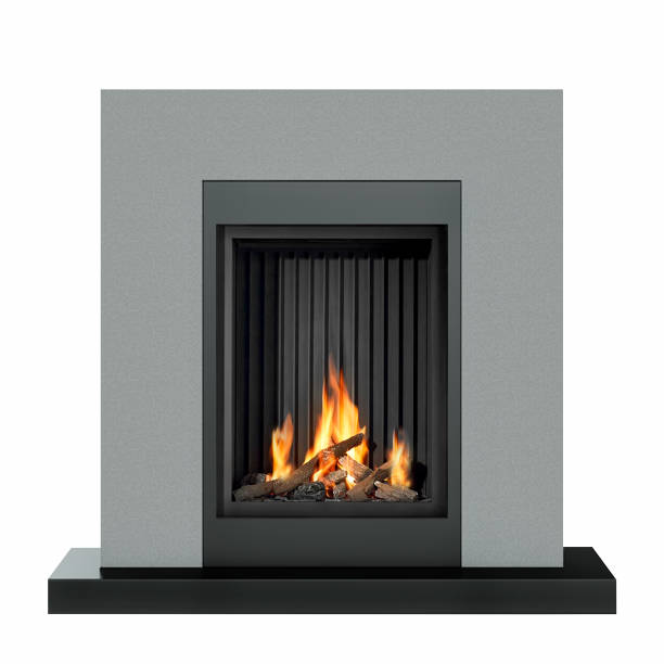 istock Classic marble burning fireplace isolated on white background 1077011832