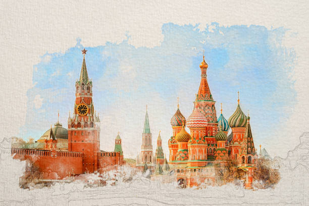 stylized by watercolor sketch painting of moscow kremlin and st basil's cathedral on the red square in moscow, russia on a textured paper. retro style postcard. - russia moscow russia st basils cathedral kremlin imagens e fotografias de stock