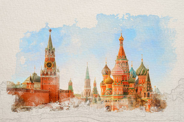 テクスチャ紙の上のモスクワの赤の広場モスクワ クレムリン、聖ワシリイ大聖堂の水彩スケッチ絵画によって様式化されました。レトロなスタイルのはがき。 - kremlin点のイラスト素材／クリップアート素材／マンガ素材／アイコン素材
