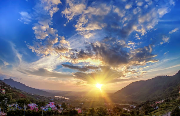 istock Beautiful blue sky and cloud over the mountain, fish eye lens 1077021380