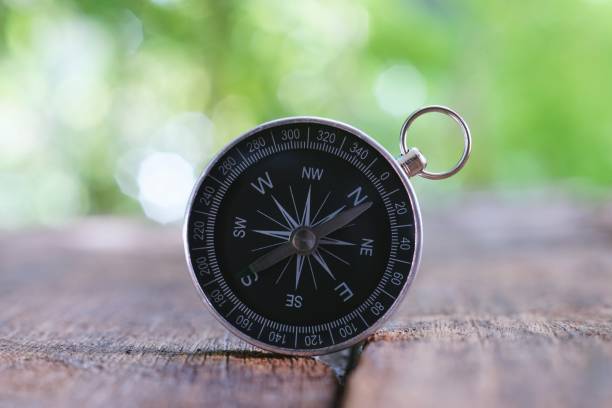 istock Retro compass on vintage wooden table background with smooth blur background, copy space 1077026954
