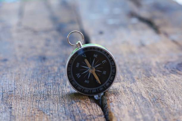 istock Retro compass on vintage wooden table background with smooth blur background, copy space 1077026956