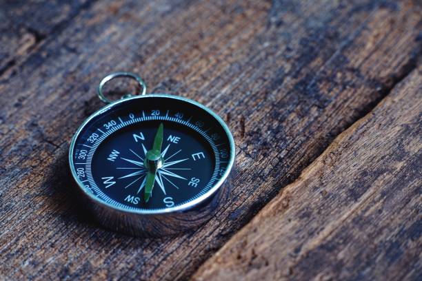 istock Retro compass on vintage wooden table background with smooth blur background, copy space 1077027060