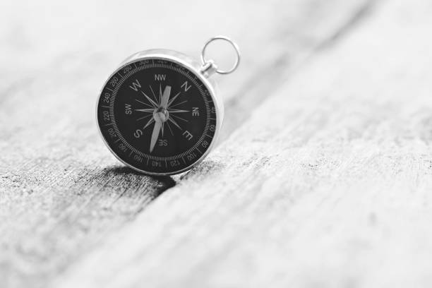 istock Retro compass on vintage wooden table background with smooth blur background, copy space 1077027164