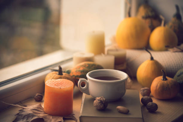 istock Warm tea served in autumnal decor 1077028694