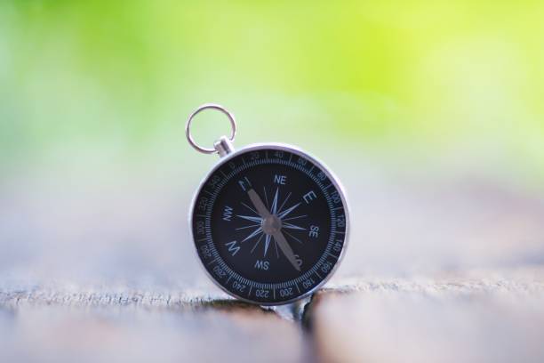 istock Retro compass on vintage wooden table background with smooth blur background, copy space 1077030918