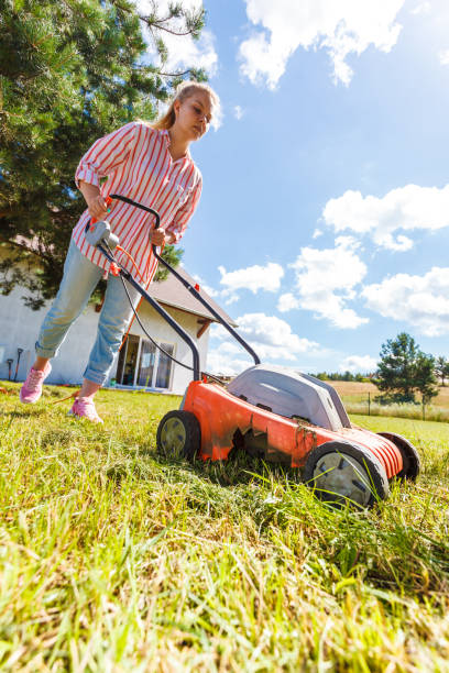 istock Woman mowing green grass 1077031266