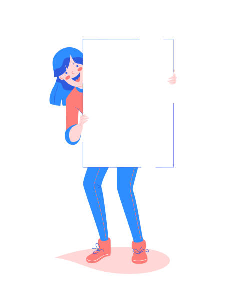 Smiling girl with a poster. Character with mock-up Smiling girl with a poster. Cartoon character. Vector modern design illustration with copyspace or mock-up person holding frame over face stock illustrations