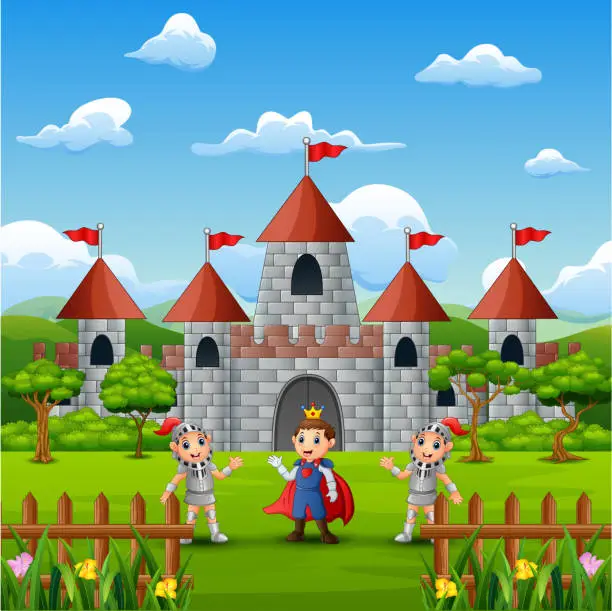 Vector illustration of A prince and two knight in front of the castle