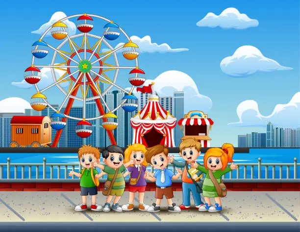 Vector illustration of Cartoon of Children having fun on the lakeside with amusement park background