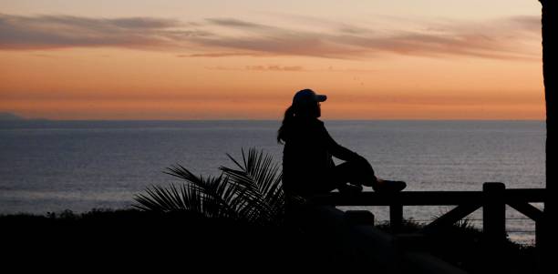 santa monica sunset - contemplation sunset eternity thinking stock-fotos und bilder