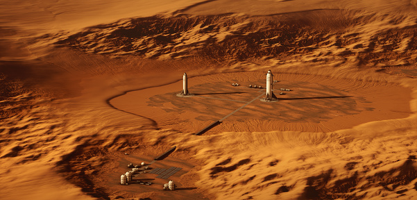 3d rendering of a rocket landed on Mars.