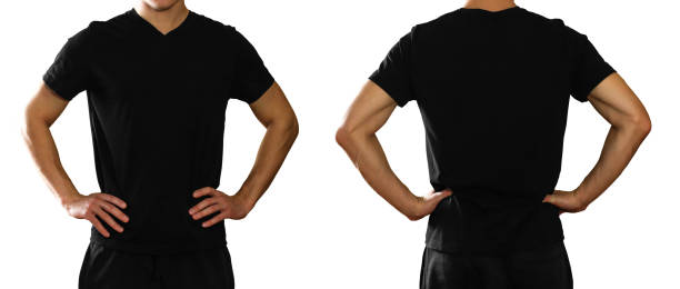 istock A man in an empty clean black t-shirt. Isolated on grey background. 1077055718