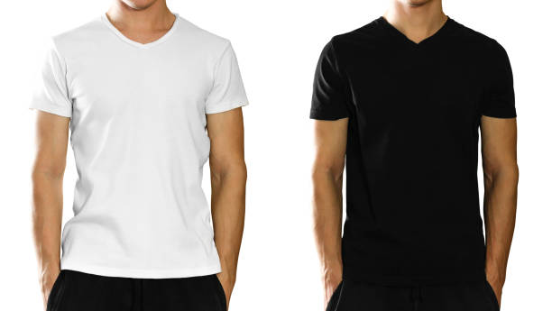 istock A man in an empty clean white and black t-shirt. Front view. Isolated on white background 1077055754