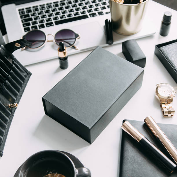 istock Workplace blogger, makeup artist and eyebrow. Expensive tools and cosmetics. Flatley layout with boxes and brushes. 1077059658