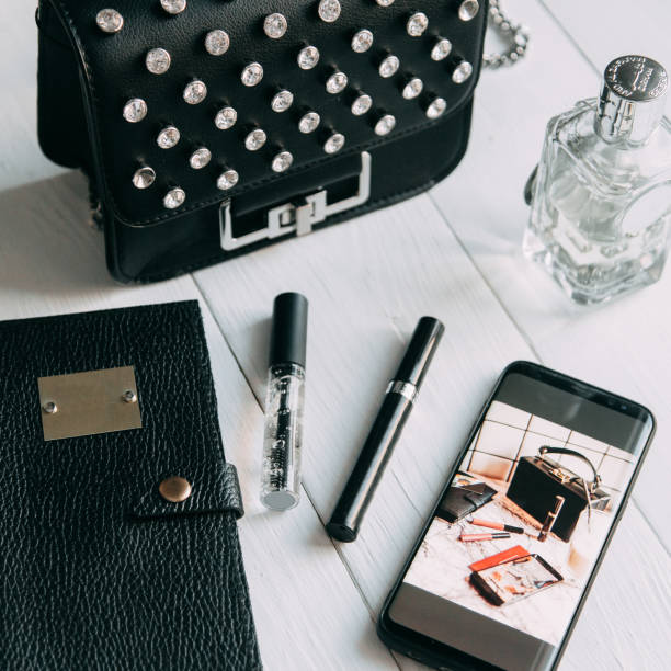 istock Workplace blogger, makeup artist and eyebrow. Expensive tools and cosmetics. Flatley layout with boxes and brushes. 1077060740