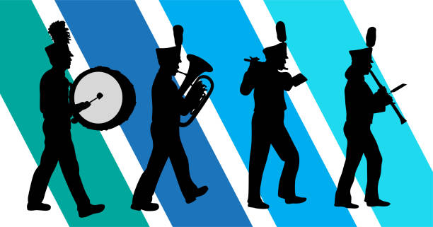High school Marching Band Marching band in silhouettes with blue stripes in the background pics of a marching band stock illustrations