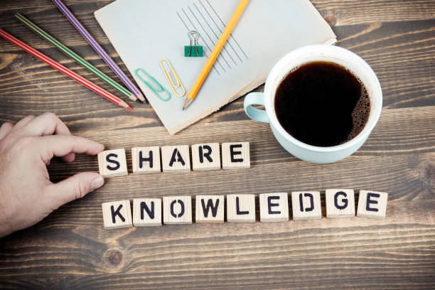 Share Knowledge. Wooden letters on the office desk