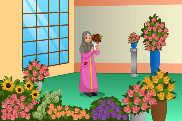 illustrazioni stock, clip art, cartoni animati e icone di tendenza di fiorista musulmano che lavora all'illustrazione del negozio - florist flower shop store owner