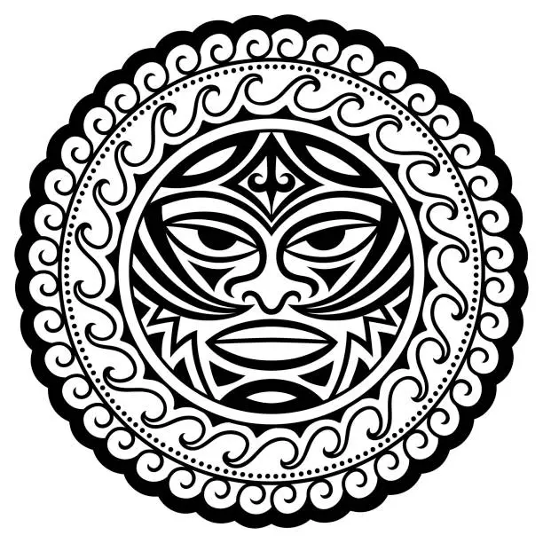 Vector illustration of Circular pattern in form of mandala with Thunder-like Tiki is symbol-mask of God. Traditional ornaments of Maori people - Moko style. Vintage decorative tribal border from elements of African theme.