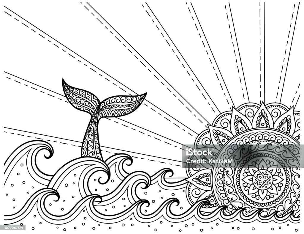 Whale diving into sea against the sunset. Coloring book page antistress - ocean landscape with waves, mandala in form of sun, fish tail. Wave - Water stock vector