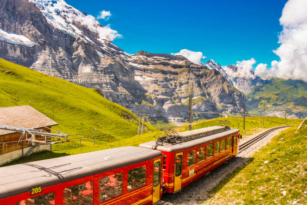 il treno jungfraubahn trasporta i turisti alla stazione ferroviaria di jungfraujoch, la stazione ferroviaria più alta d'europa, da kleine scheidegg e grindelwald - summer bernese oberland mountain range mountain foto e immagini stock