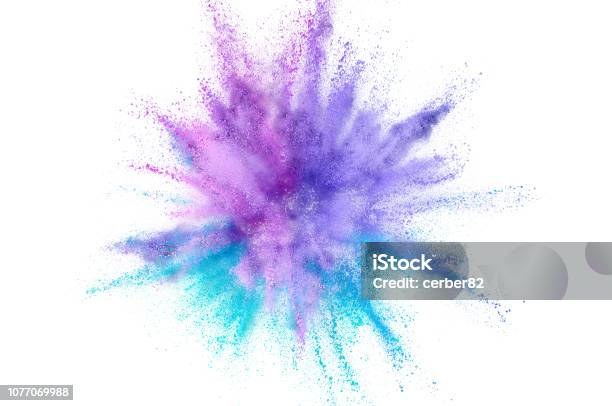 Colored Powder Explosion Abstract Closeup Dust On Backdrop Colorful Explode Paint Holi Stock Photo - Download Image Now