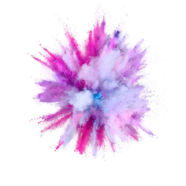 Photo of Colored powder explosion. Abstract closeup dust on backdrop. Colorful explode. Paint holi