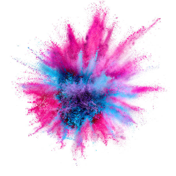 colored powder explosion. abstract closeup dust on backdrop. colorful explode. paint holi - blue tint imagens e fotografias de stock