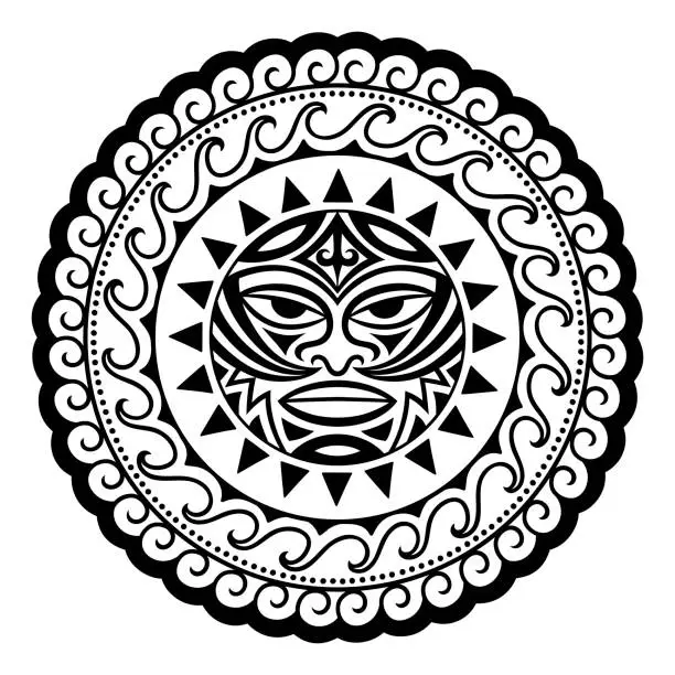 Vector illustration of Circular pattern in form of mandala with Thunder-like Tiki is symbol-mask of God. Traditional ornaments of Maori people - Moko style. Vintage decorative tribal border from elements of African theme.