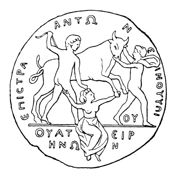 Classical greek, Imperial coin of Thyateire with the punishment of Dirke Illustration from 19th century classical greek illustrations stock illustrations
