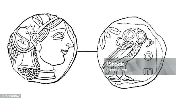 Classical Greek Athenian Coin Four Drachmas Stock Illustration - Download Image Now - Archival, Drawing - Art Product, Coin