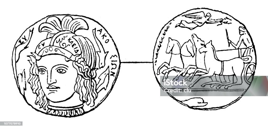 Classical greek,  Syracuse coin Illustration from 19th century 19th Century stock illustration