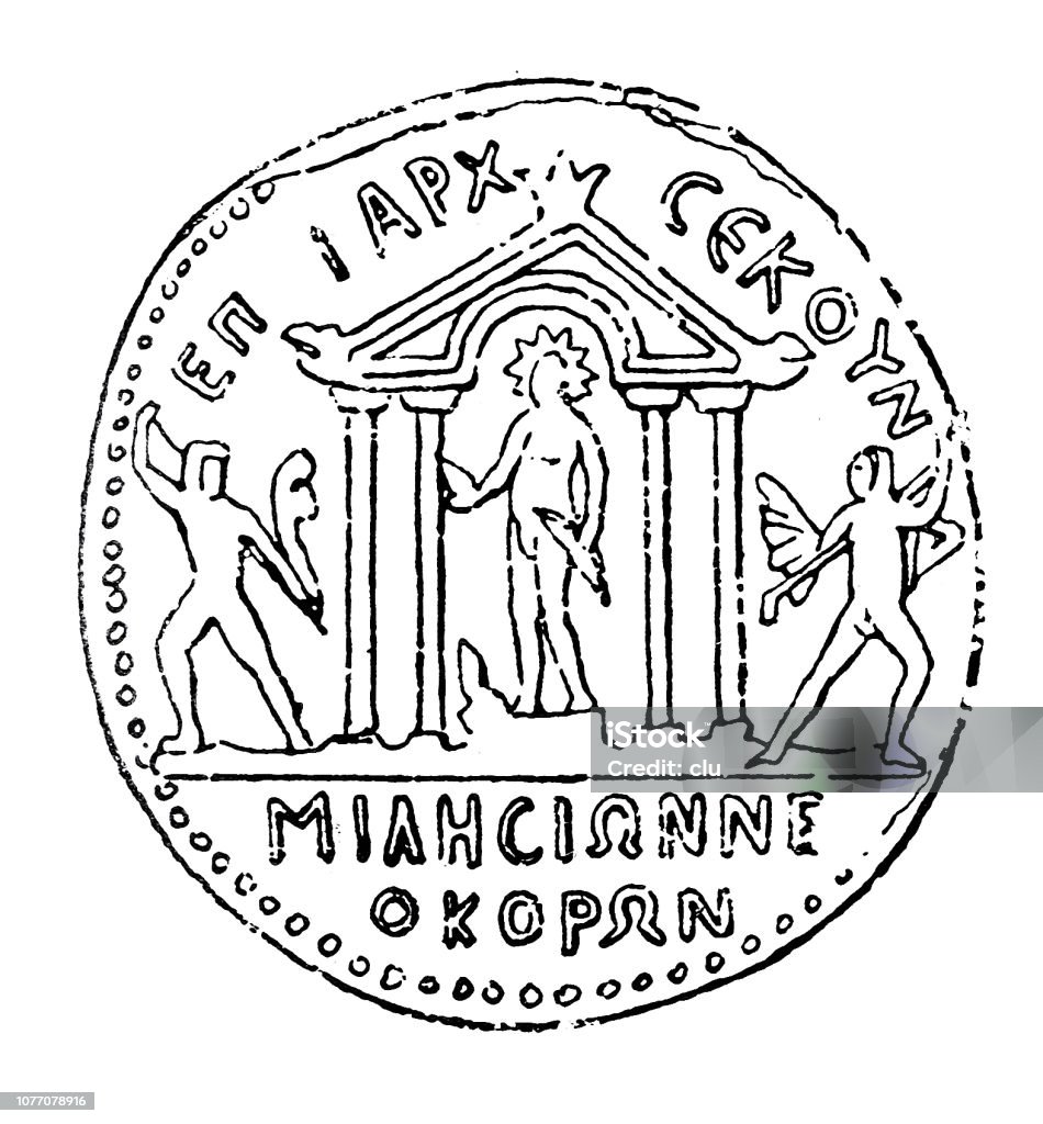 Classical greek,  Miletus coin with the temple of Apollo Illustration from 19th century Apollo stock illustration