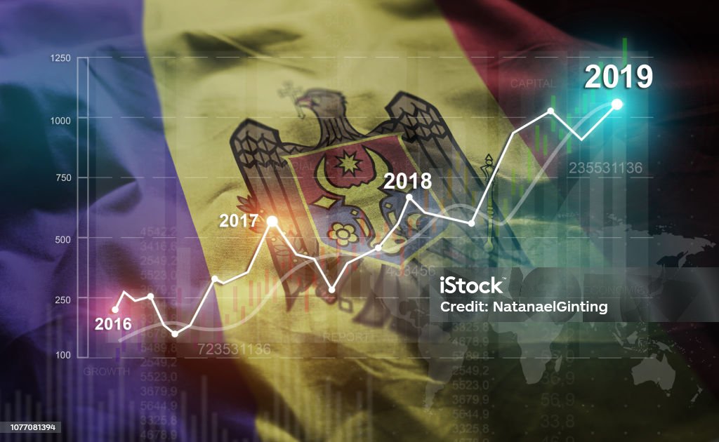 Growing Statistic Financial 2019 Against Moldova Flag 2019 Stock Photo
