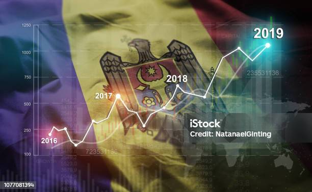 Growing Statistic Financial 2019 Against Moldova Flag Stock Photo - Download Image Now