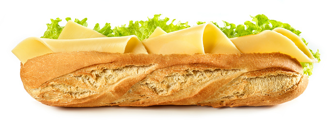 Baguette sandwich with cheese isolated on white background